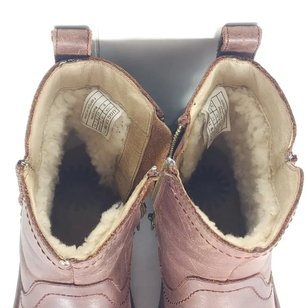 UGG Women's Neevah US6 Brown Leather Sheepskin Lined Side Zip Ankle Boots Bootie